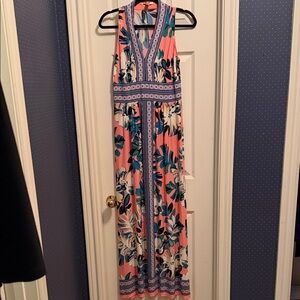 London Style Pink Floral Maxi Dress with Blue and White Accents